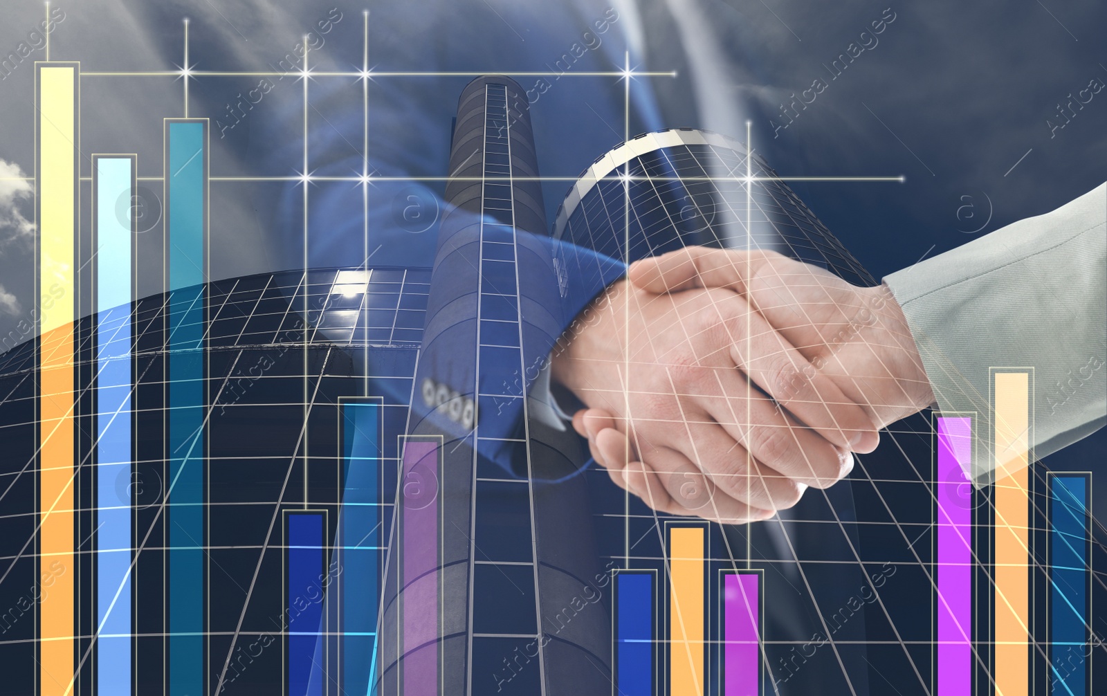 Image of Double exposure of people shaking hands and modern building, closeup. Stock exchange trading