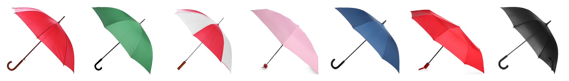 Image of Set with different stylish umbrellas on white background. Banner design 