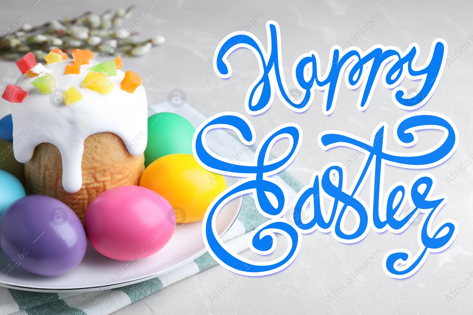 Image of Happy holiday. Beautiful Easter cake and painted eggs on light grey marble table
