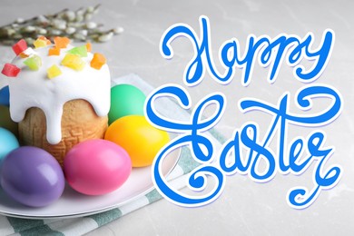 Image of Happy holiday. Beautiful Easter cake and painted eggs on light grey marble table