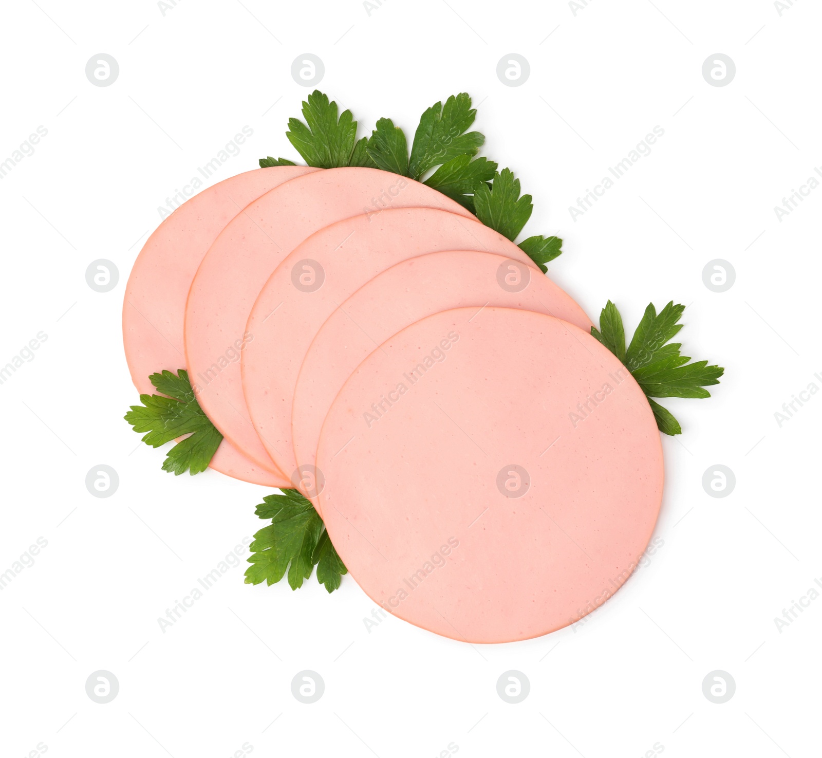 Photo of Slices of delicious boiled sausage with parsley on white background, top view