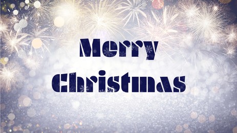 Illustration of Text Merry Christmas on festive background with fireworks. Bokeh effect