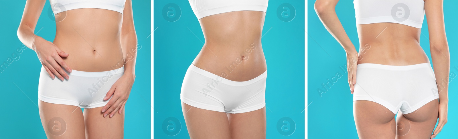 Image of Closeup view of women with slim bodies on light blue background, collage. Banner design