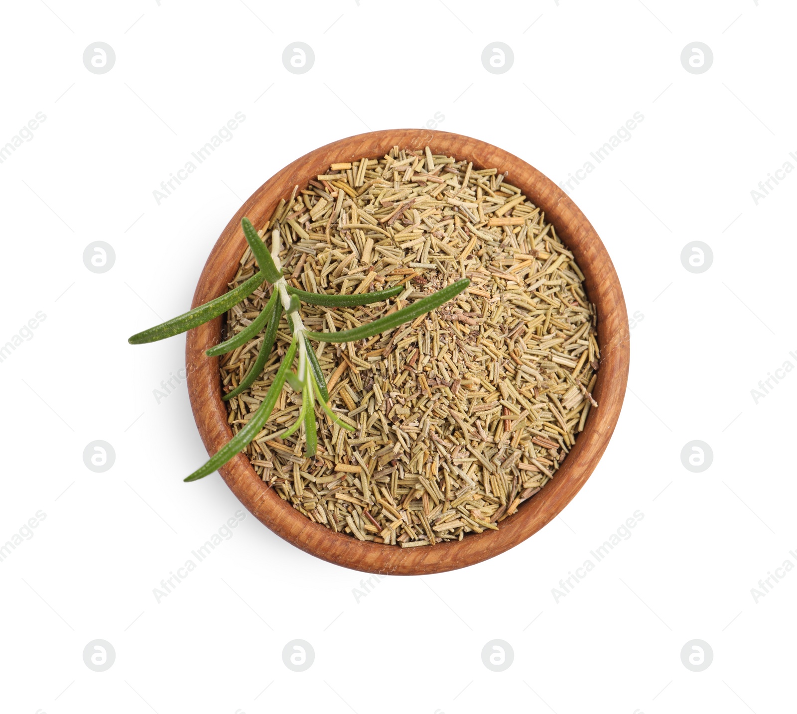 Photo of Bowl with fresh and dry rosemary isolated on white, top view