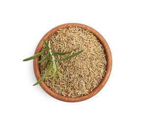 Bowl with fresh and dry rosemary isolated on white, top view