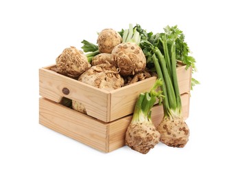 Photo of Wooden crate and fresh raw celery roots isolated on white