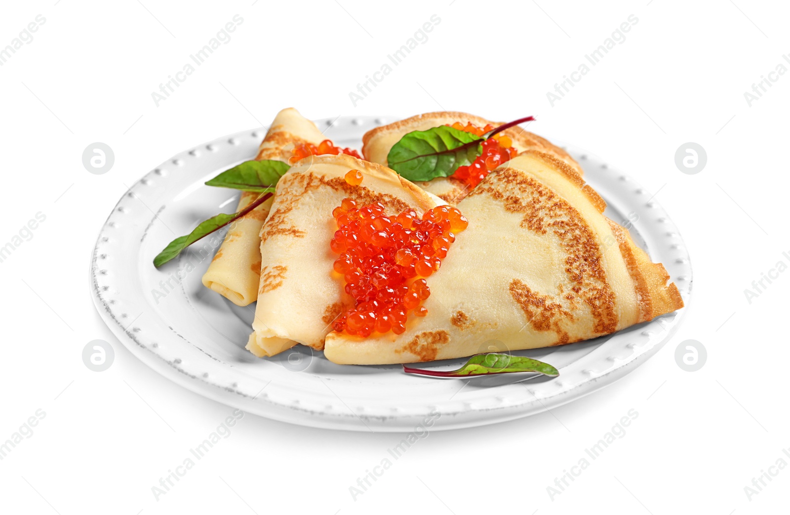 Photo of Thin pancakes with red caviar on plate against white background