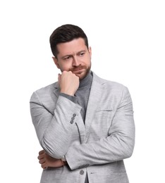 Upset businessman in suit on white background