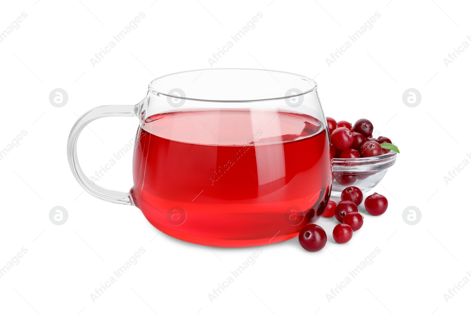 Photo of Cup of delicious cranberry tea and berries isolated on white