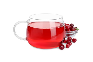 Photo of Cup of delicious cranberry tea and berries isolated on white