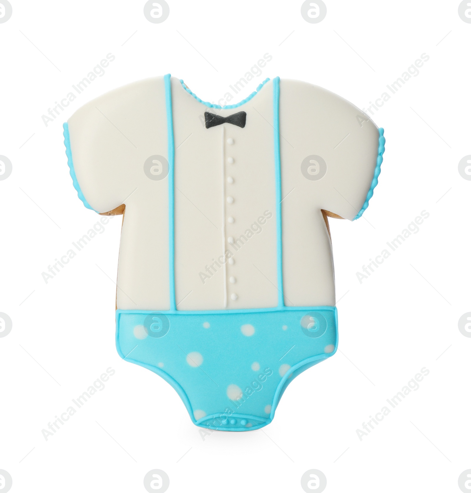 Photo of Tasty cookie in shape of baby's onesie isolated on white
