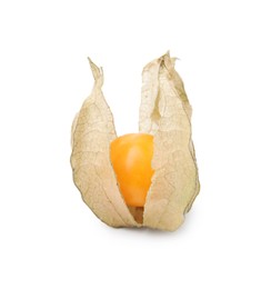 Photo of Ripe physalis fruit with calyx isolated on white