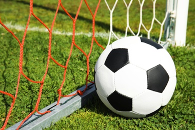 Soccer ball near net on green football field grass