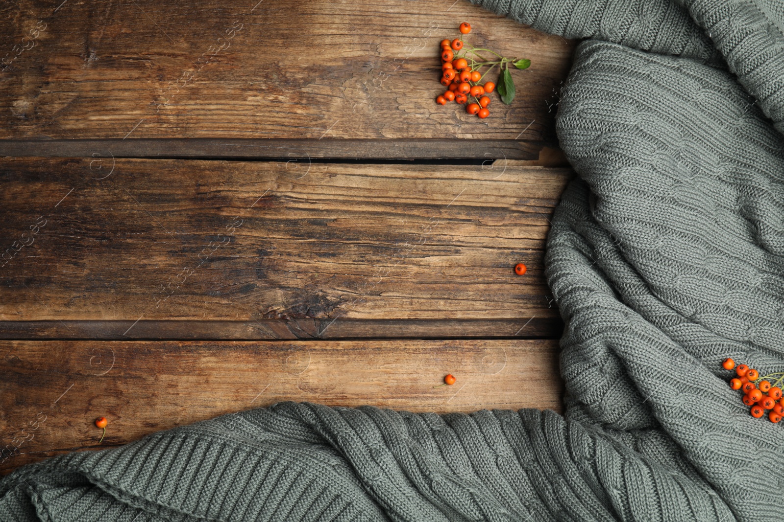 Photo of Knitted plaid and red berries on wooden table, flat lay. Space for text