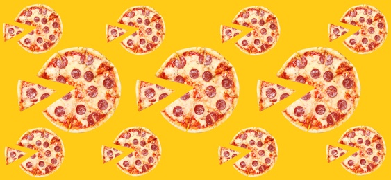 Image of Pepperoni pizza pattern design on yellow background