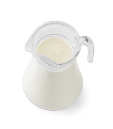 Photo of Glass jug of fresh milk isolated on white