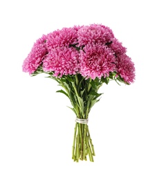 Photo of Bouquet of pink asters isolated on white. Autumn flowers