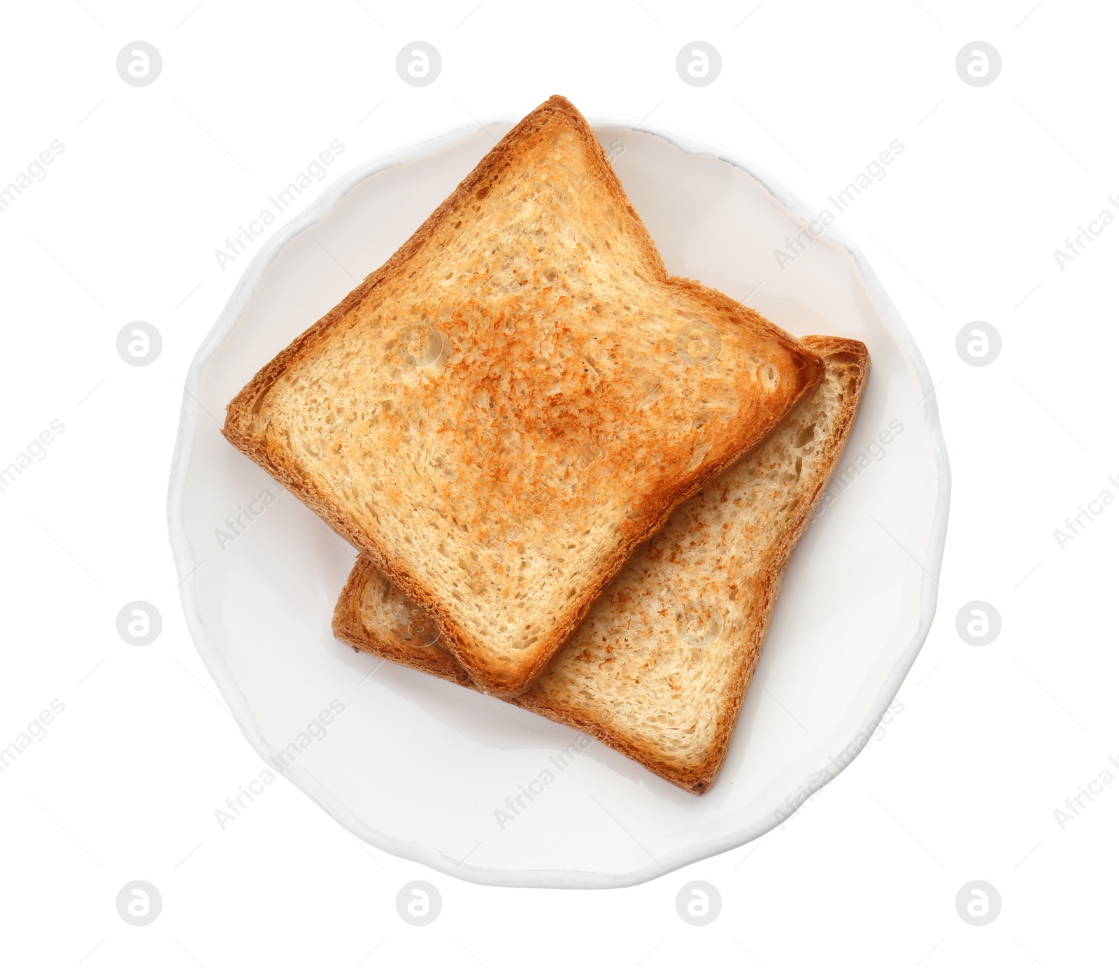 Photo of Plate with toasted bread on white background, top view