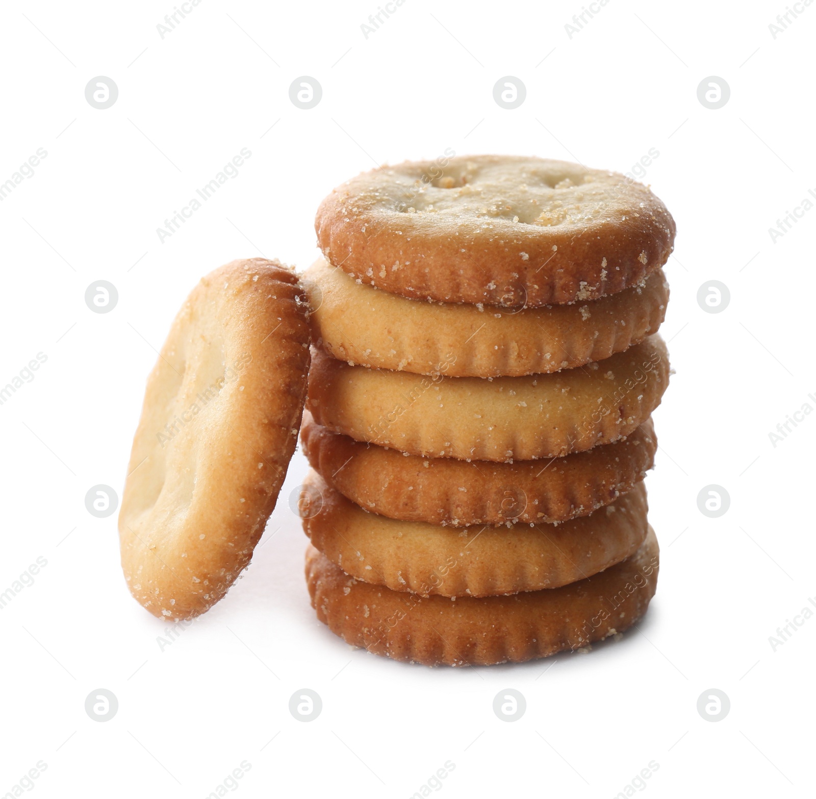 Photo of Stack of delicious crispy crackers isolated on white