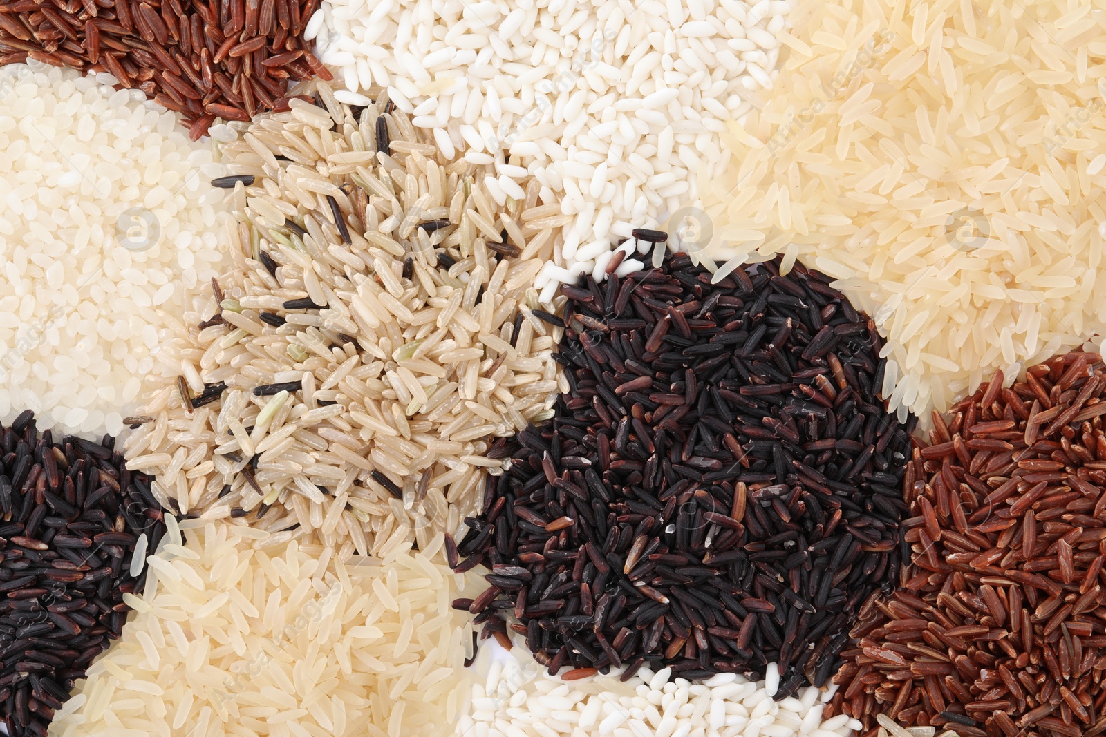 Photo of Different sorts of rice as background, top view
