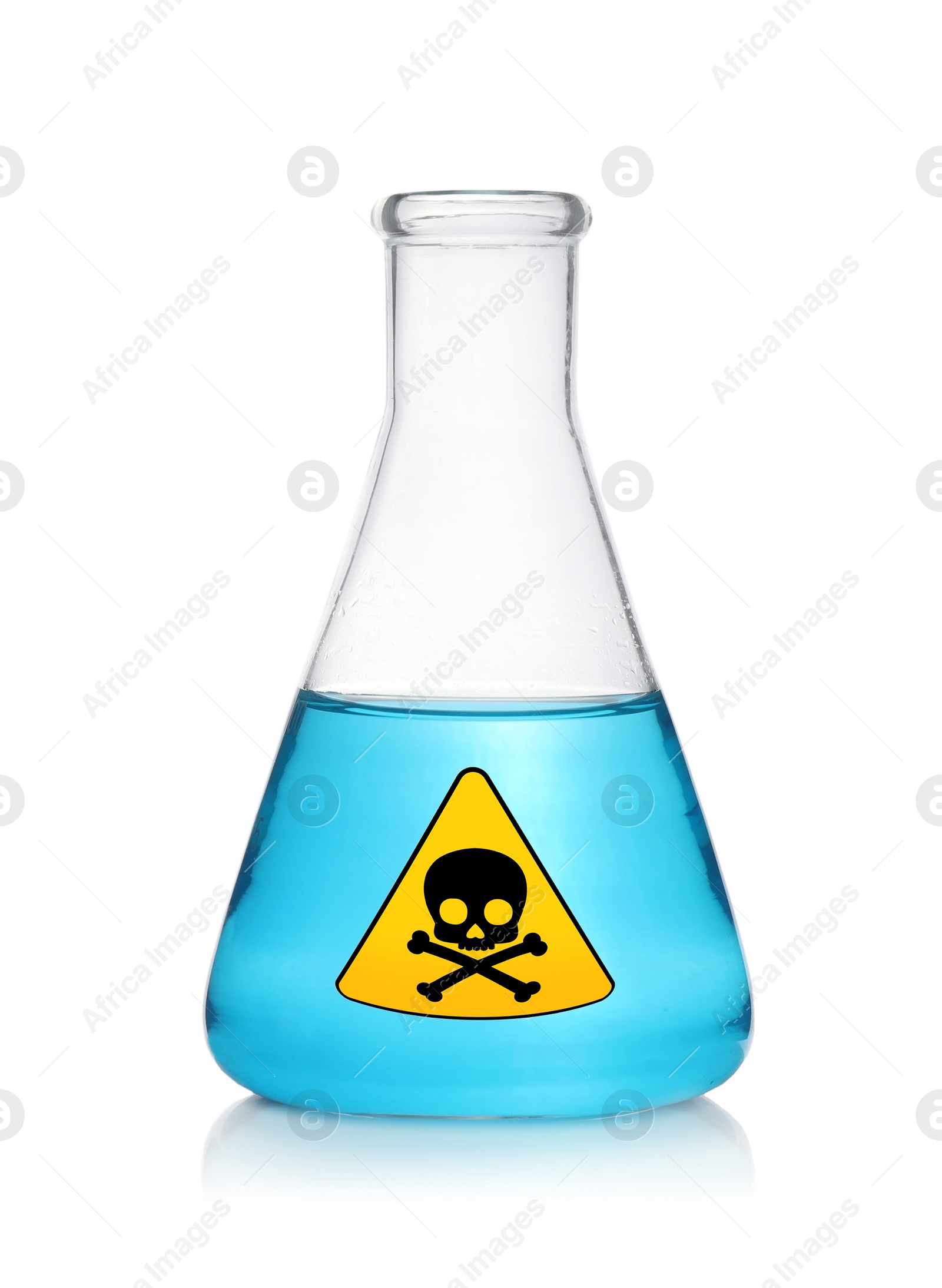 Image of Glass bottle with blue toxic sample and warning sign on white background