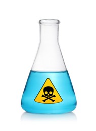 Image of Glass bottle with blue toxic sample and warning sign on white background