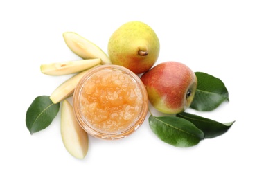 Tasty homemade pear jam and fresh fruits on white background, top view