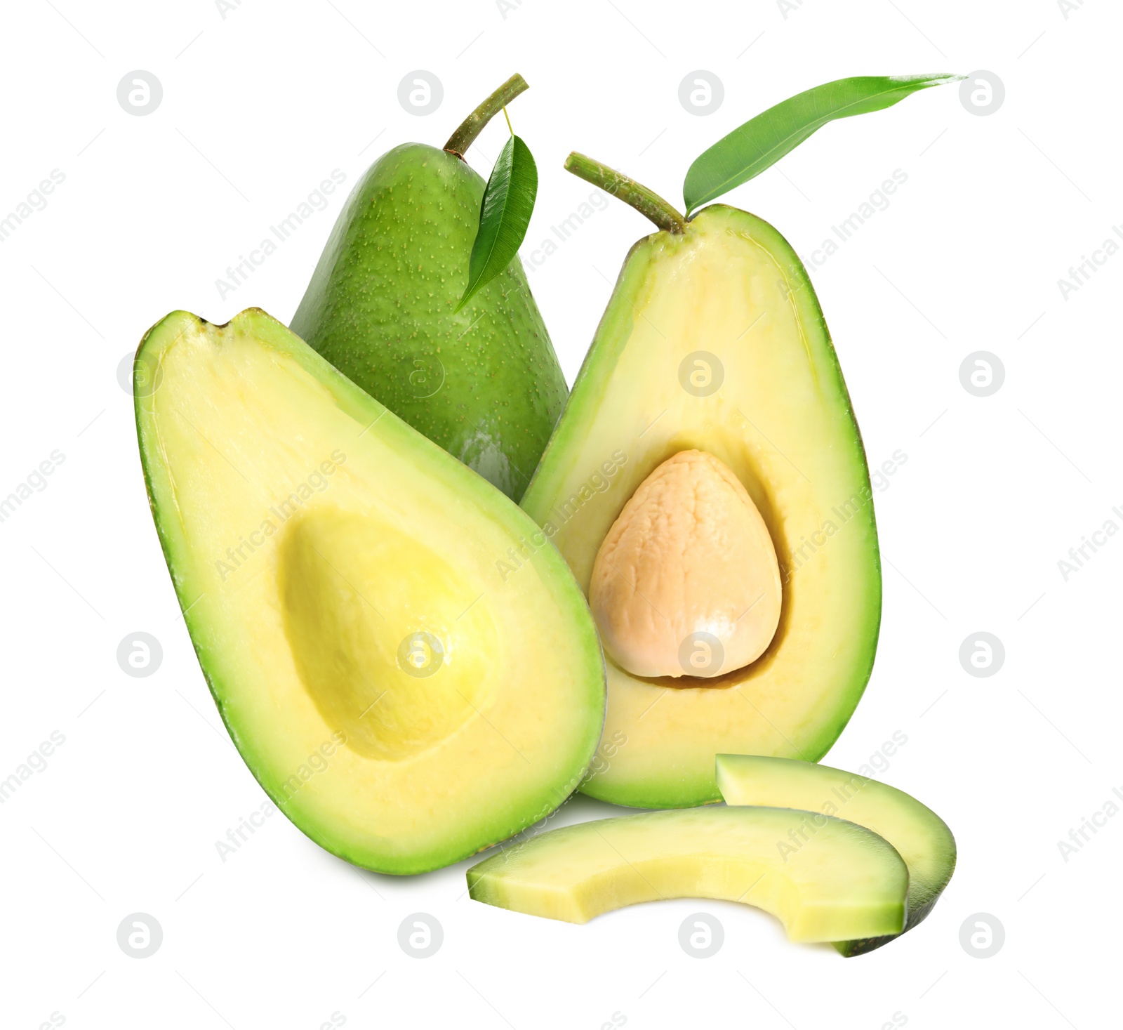 Image of Cut and whole fresh avocados on white background