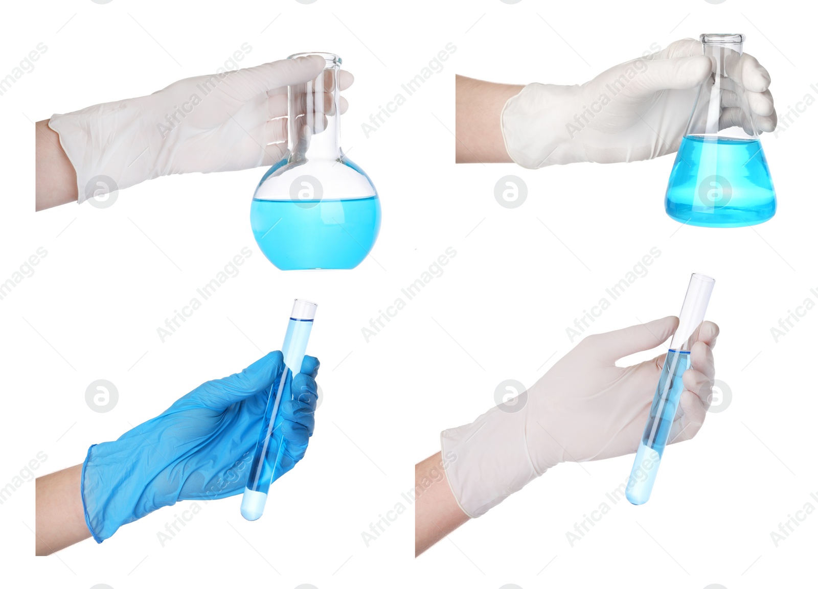 Image of Collage with photos of scientists holding different laboratory glassware with light blue samples on white background, closeup