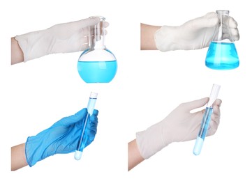 Image of Collage with photos of scientists holding different laboratory glassware with light blue samples on white background, closeup