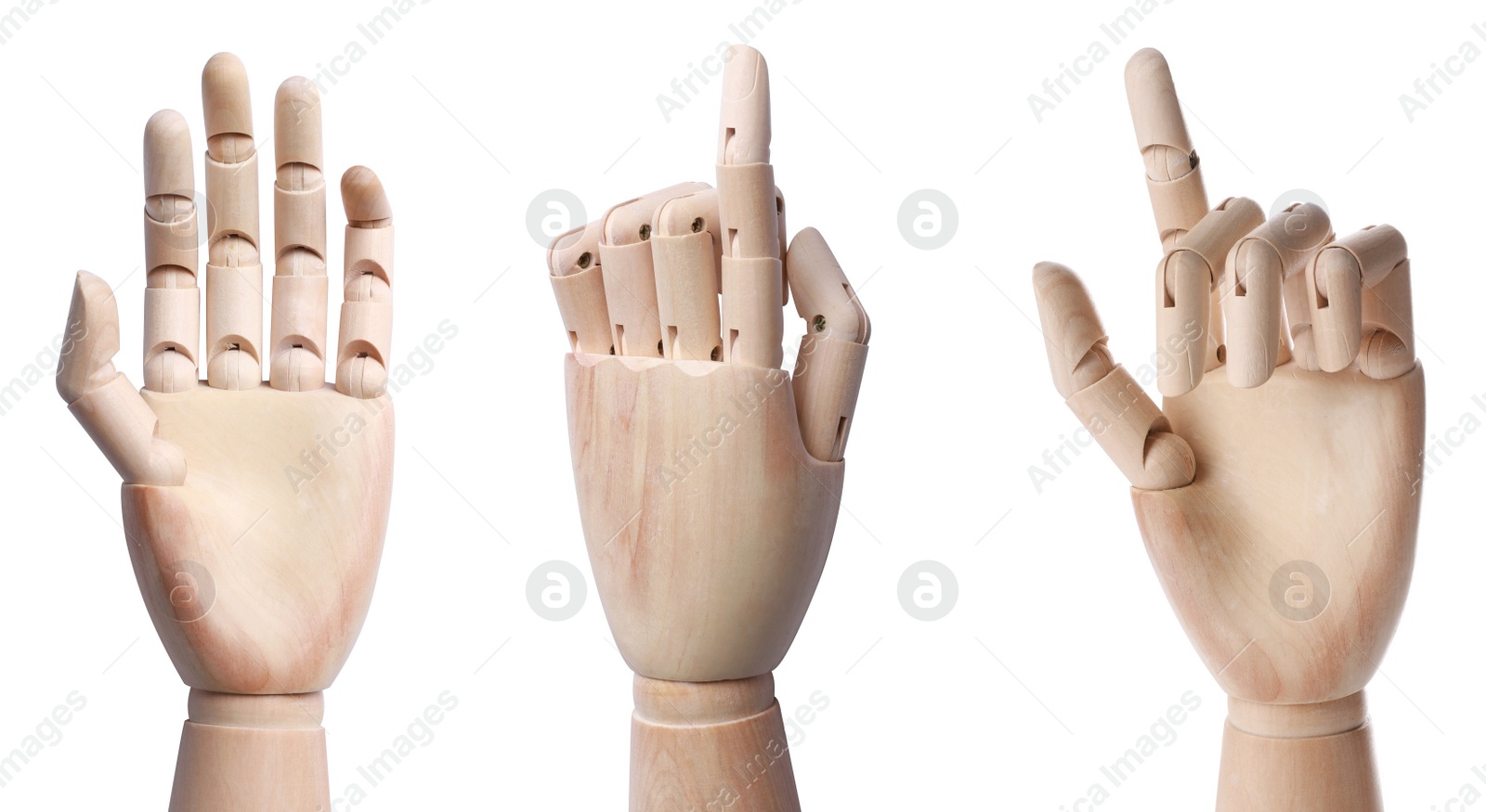 Image of Set with wooden hands of mannequins showing different gestures on white background