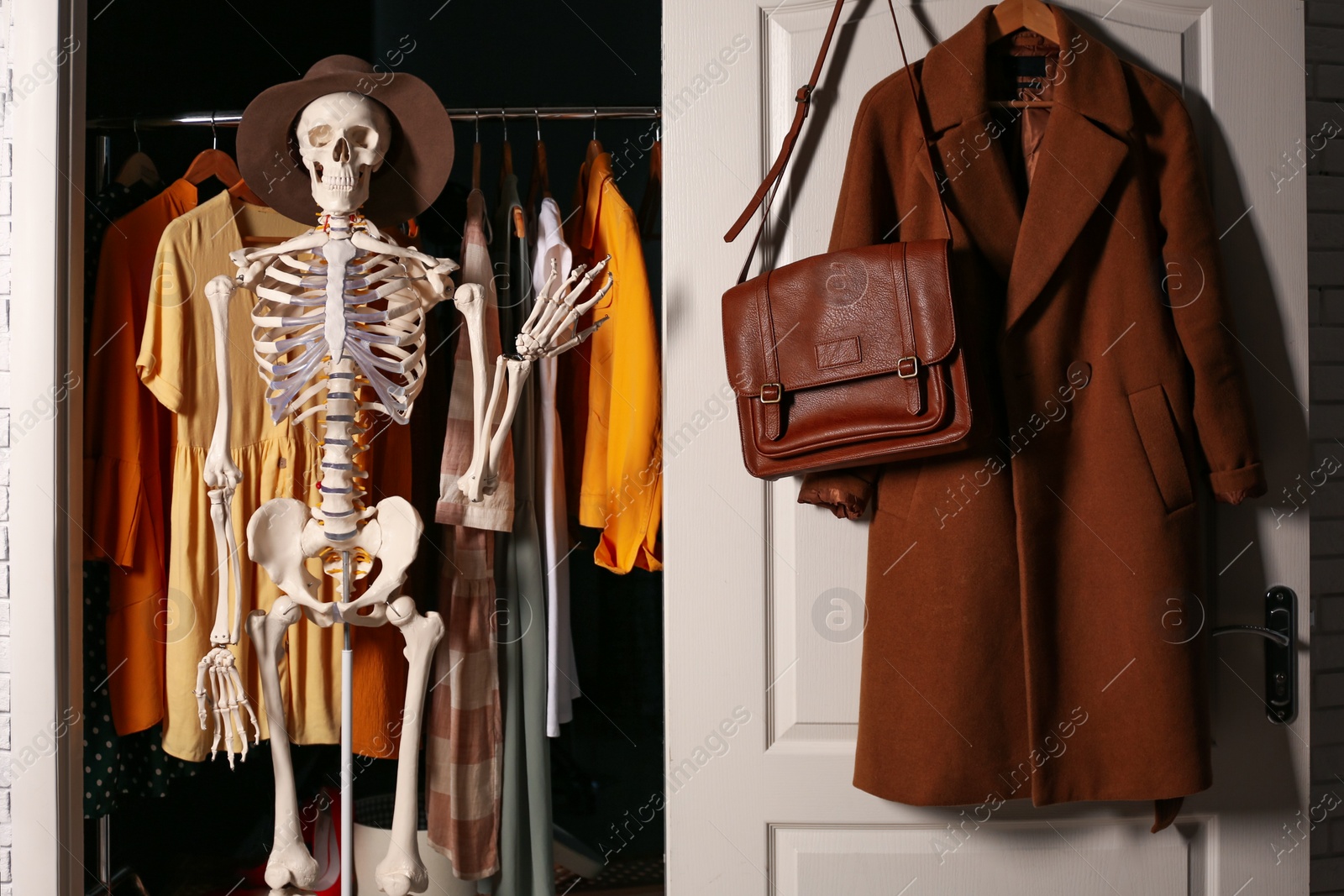 Photo of Artificial human skeleton model among clothes in wardrobe