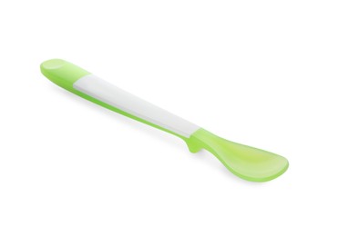 Plastic spoon isolated on white. Serving baby food