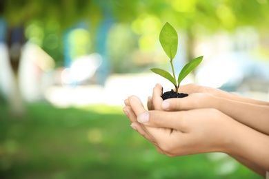 Photo of Woman and her child holding soil with green plant in hands on blurred background. Family concept