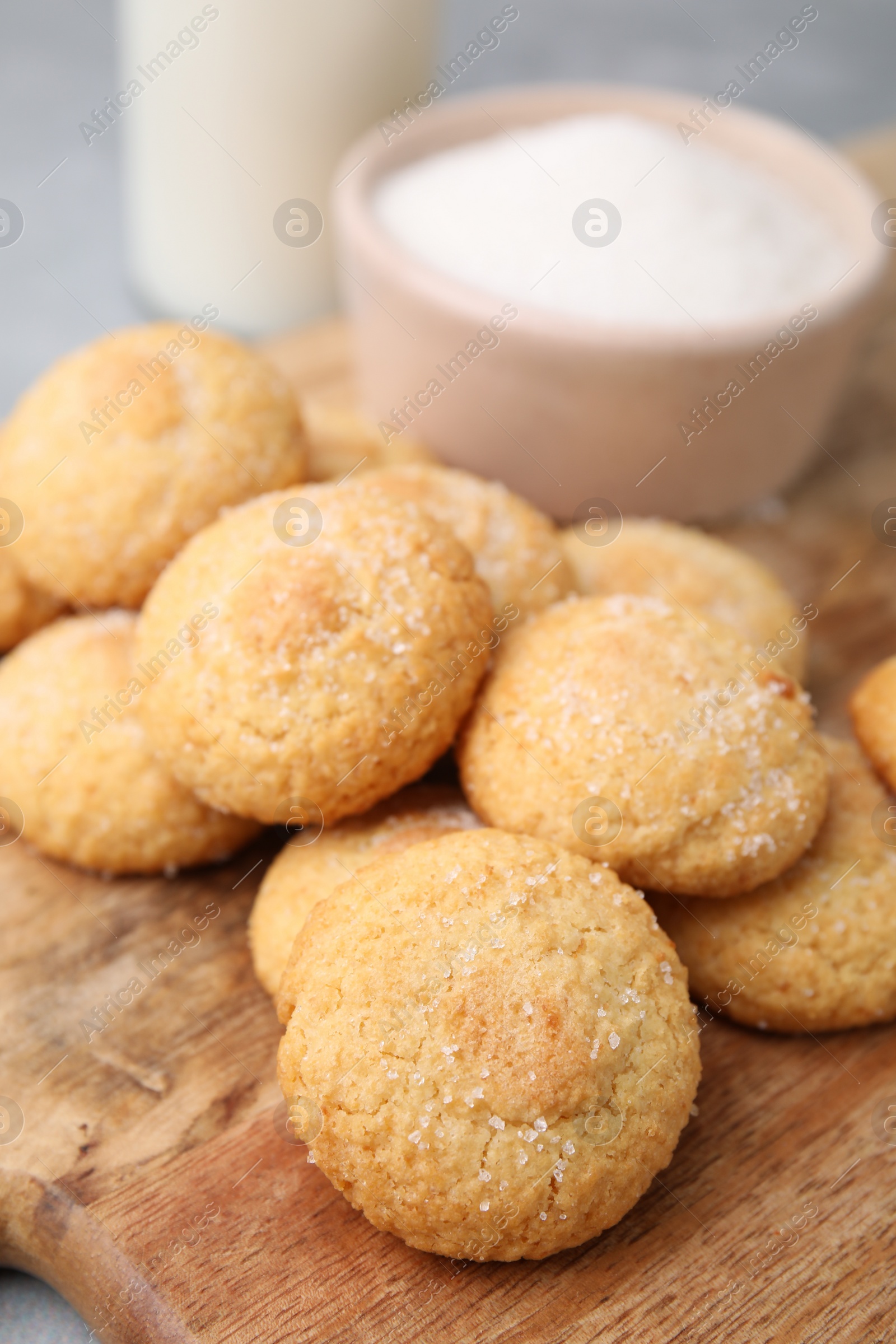 Photo of Tasty fresh sugar cookies on table, closeup