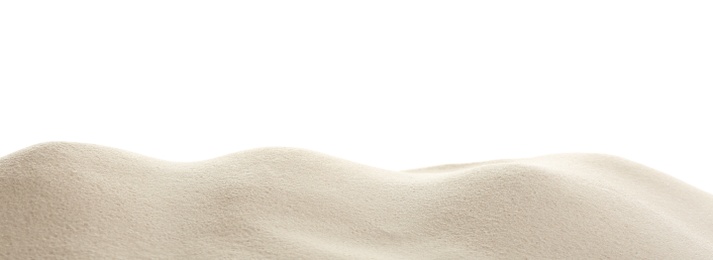 Photo of Heap of dry beach sand on white background