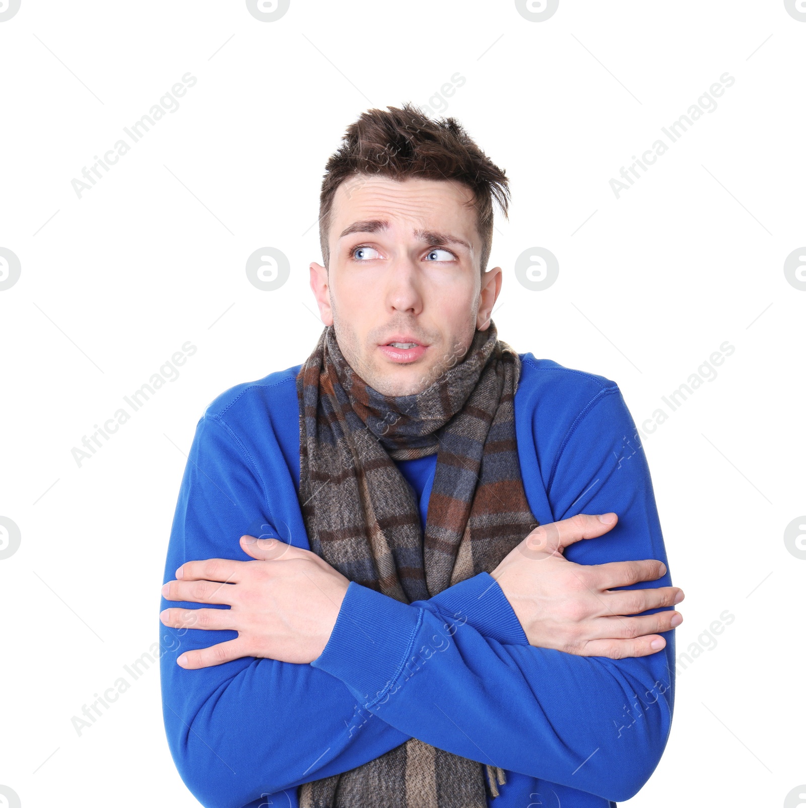 Photo of Young man with cold on white background