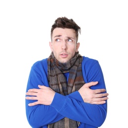 Young man with cold on white background