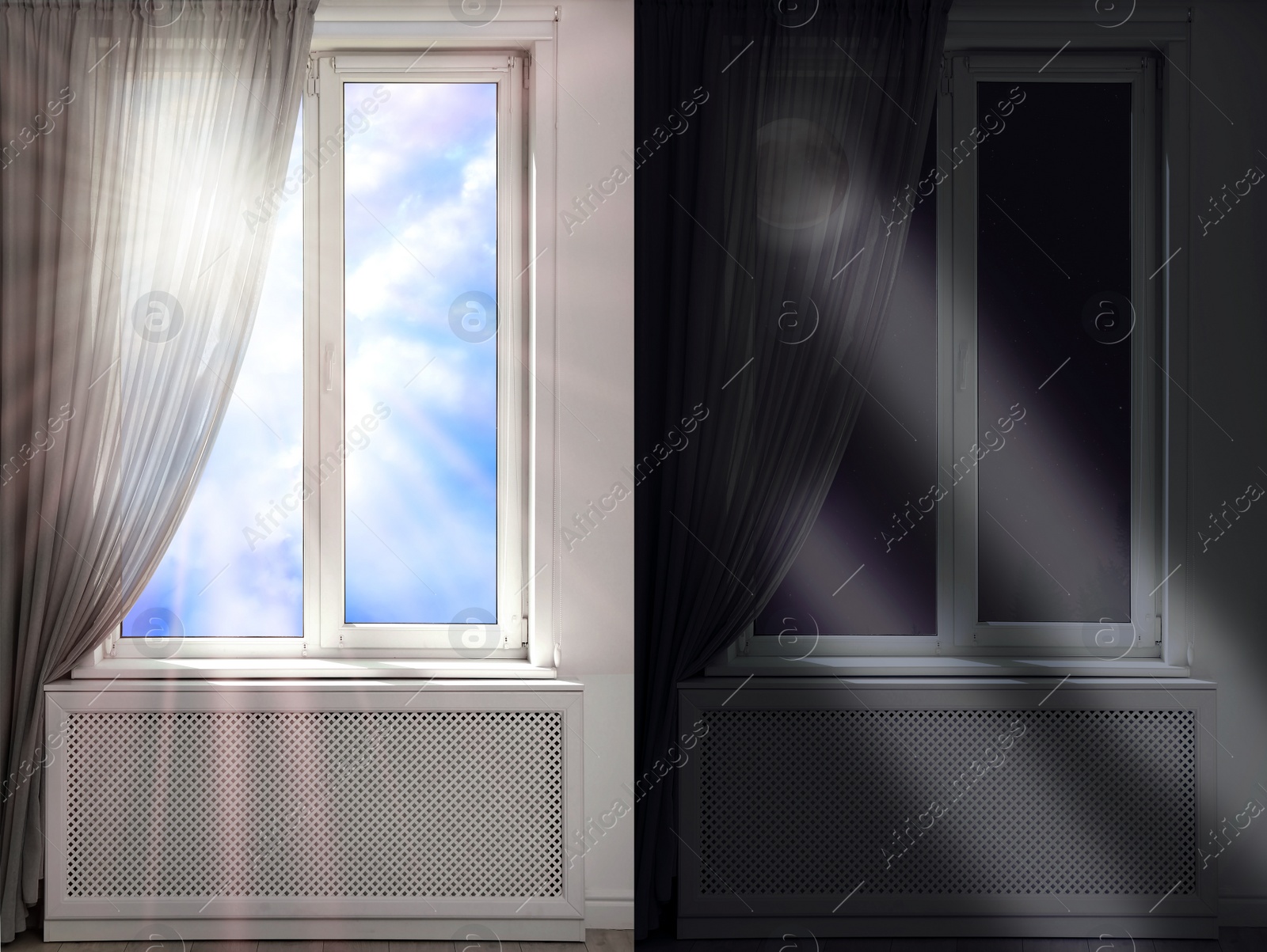 Image of Beautiful view of sky through windows in day and night, collage