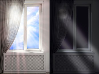 Beautiful view of sky through windows in day and night, collage