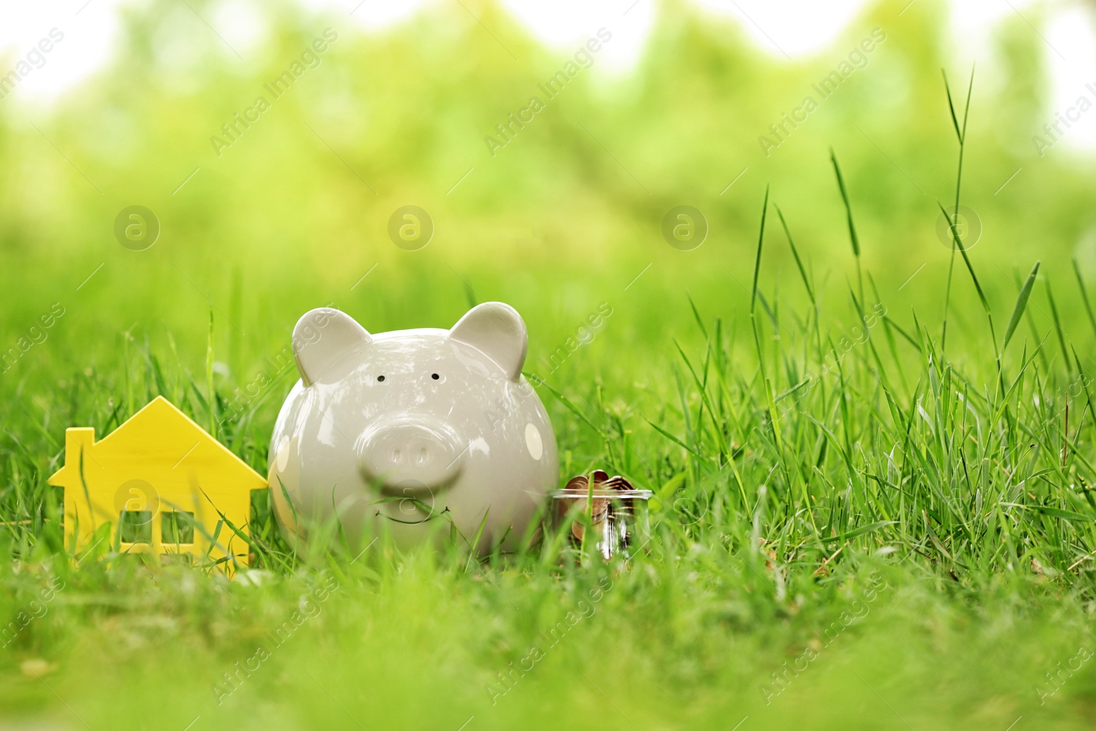 Photo of Piggy bank, house figure and jar with coins on green grass in park. Space for text