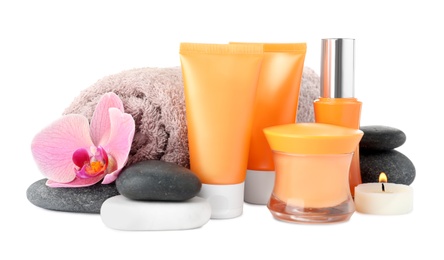 Composition with cosmetic products on white background