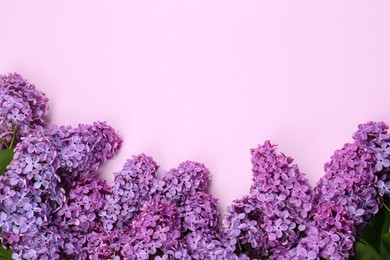 Photo of Beautiful lilac flowers on pale pink background, top view. Space for text