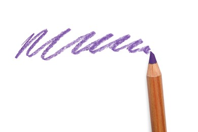 Photo of Violet pastel pencil and scribble isolated on white, top view. Drawing supply