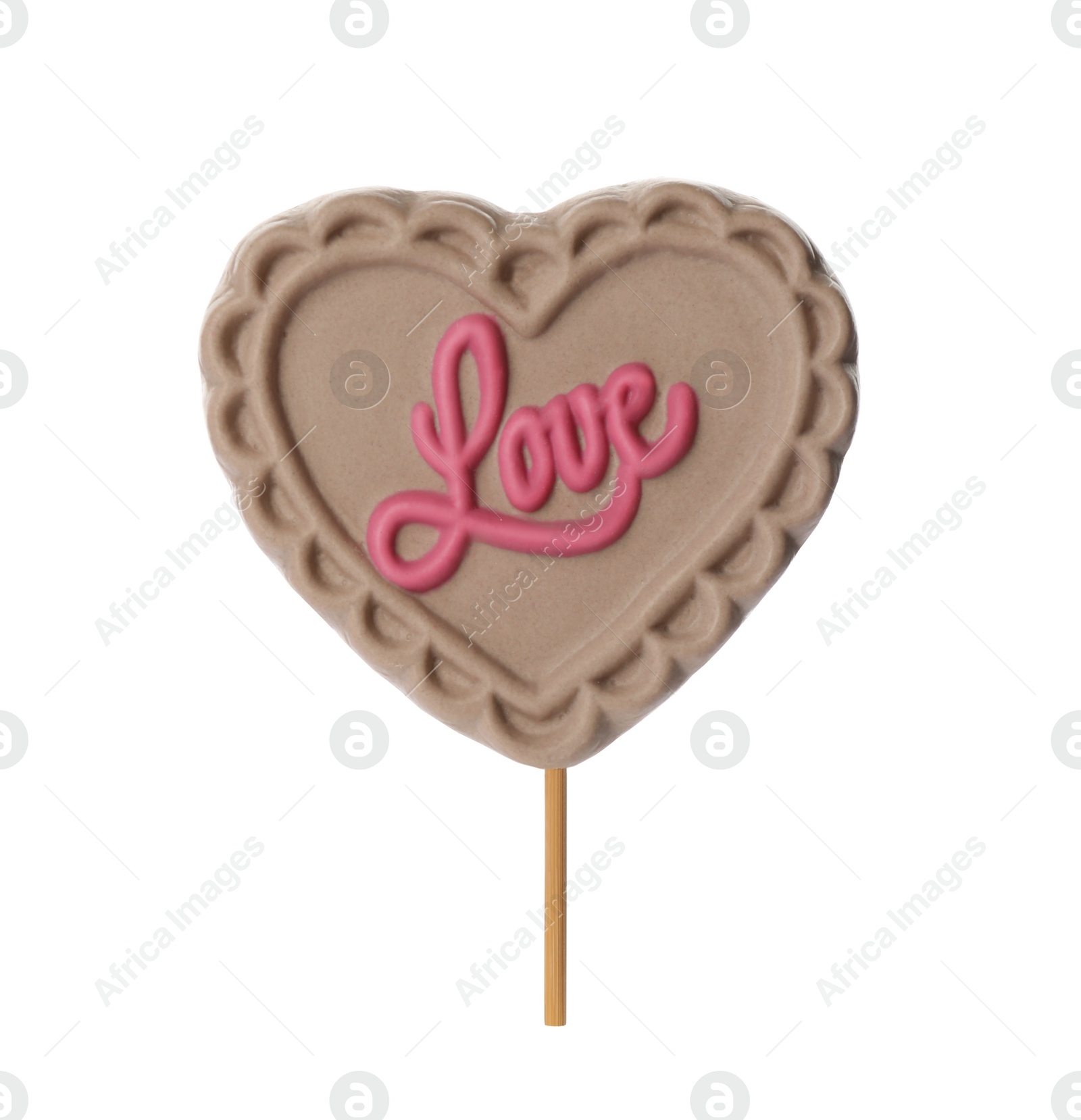 Photo of Heart shaped lollipop made of chocolate isolated on white