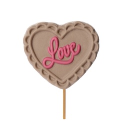 Photo of Heart shaped lollipop made of chocolate isolated on white