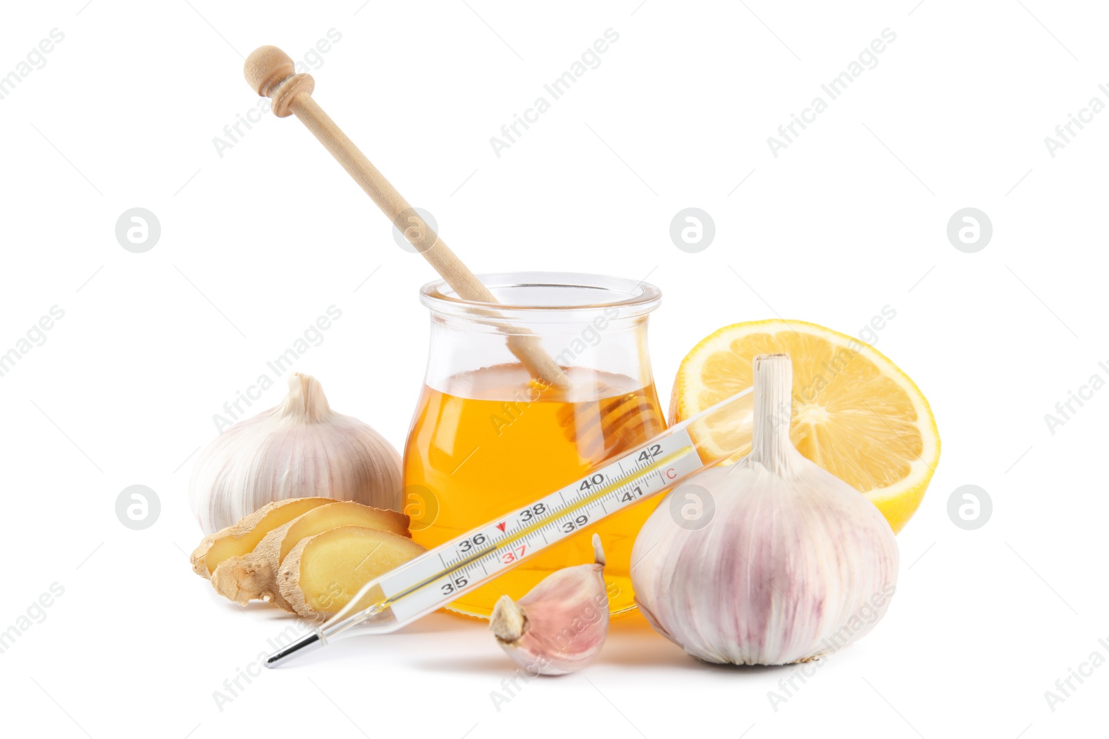 Photo of Composition with garlic and other cold remedies on white background