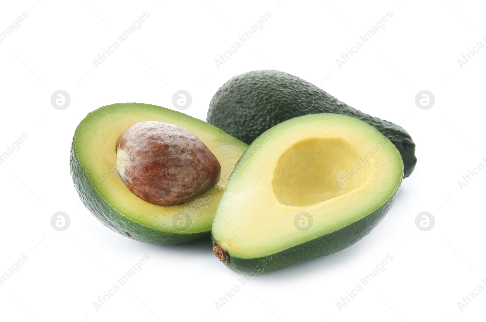 Photo of Ripe avocados on white background. Tropical fruit