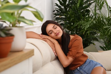 Photo of Beautiful woman sitting on sofa in living room decorated with houseplants. Interior design