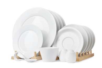 Set of clean dishware isolated on white